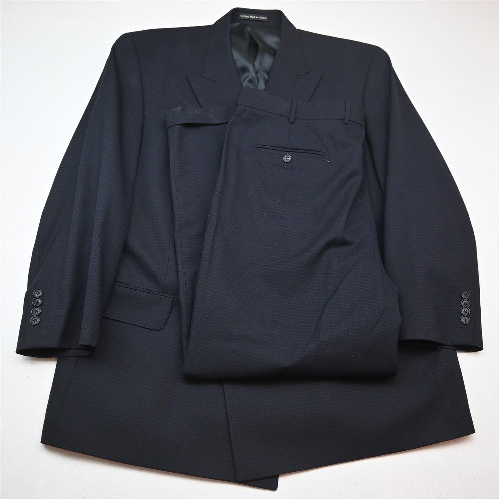 S. Cohen Double Breasted 46R 38x30 Navy Blue Check 100% Wool Mens Suit